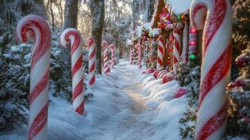 A Snow-Covered Path Lined with Candy Canes and a Gingerbread House photo
