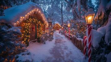 A Snowy Christmas Village Path Illuminated with String Lights and Lanterns photo