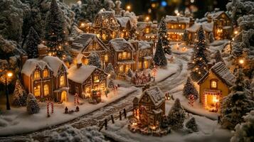 A Miniature Christmas Village with Gingerbread Houses and Snowy Trees photo