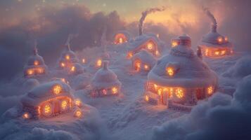 Snow-Covered Houses with Glowing Windows in a Misty Winter Landscape photo