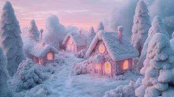 A Snowy Village with Glowing Windows at Sunset photo