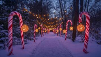 Illuminated Candy Cane Pathway Through a Snowy Forest photo
