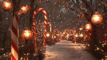 Festive Pathway Lined with Candy Canes and Lanterns in a Snowy Forest photo