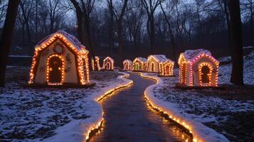 Illuminated Gingerbread Houses in a Snowy Forest photo