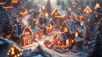 A Festive Christmas Village with Gingerbread Houses and Snowfall photo