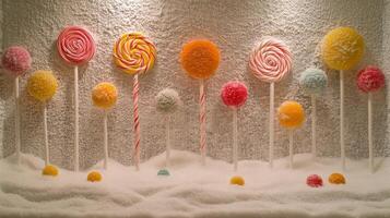 Colorful Lollipops Standing in Snow photo