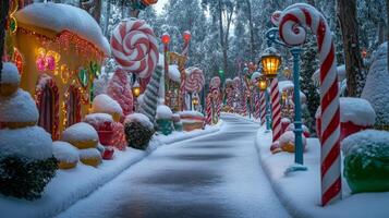 Snowy Pathway Lined with Candy Cane Decor and Illuminated Houses photo