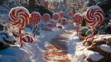A Snowy Path Lined with Candy Cane Lollipops photo