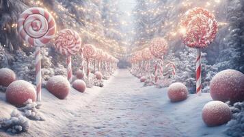 A Snowy Pathway Lined with Candy Cane Trees and Lollipops photo
