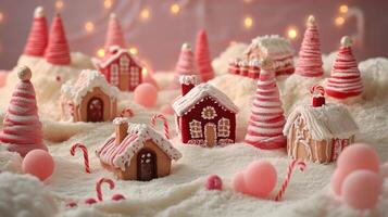 Decorated Gingerbread Houses and Trees in a Snowy Village photo