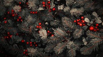 A Detailed Close-Up of Pine Needles and Red Berries photo