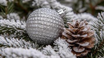 Silver Christmas Ornament and Pine Cone Covered in Frost on a Fir Branch photo