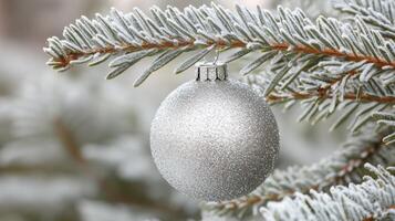 Silver Christmas Ornament Hanging from a Snowy Evergreen Branch photo