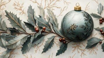 A Blue Christmas Ornament Decorated with Gold Snowflake and Surrounded by Holly Leaves and Berries photo