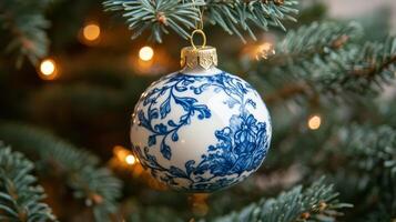 Blue and White Porcelain Christmas Ornament on a Fir Tree photo