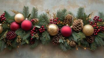 Festive Christmas Garland with Red and Gold Ornaments, Pine Cones, and Berries photo