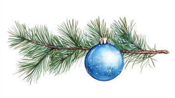 Watercolor Illustration of a Blue Christmas Ornament Hanging on a Pine Branch photo
