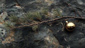 A Golden Christmas Ornament Resting on a Pine Branch Against a Rough Rock Face photo