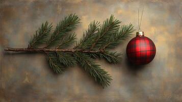 A Single Pine Branch and Plaid Christmas Ornament on a Brown Background photo