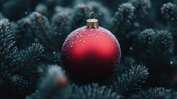 Red Christmas Ornament Covered in Frost on Pine Branch photo
