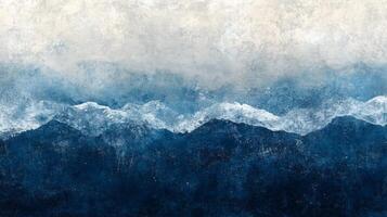 Abstract Watercolor Painting of a Blue Mountain Range with White Peaks photo