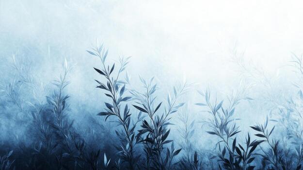 Abstract Blue and Grey Silhouettes of Leafy Branches Against a Misty Background photo