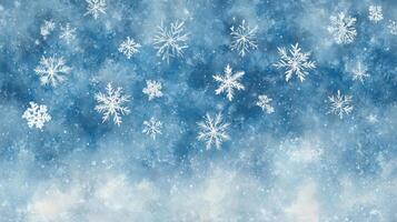 Watercolor Painting of White Snowflakes on a Blue Background photo