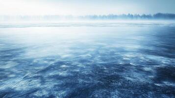 A Frozen Lake with a Forest in the Background photo
