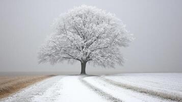 A Single Frosty Tree in a Snowy Field with a Path Leading to It photo