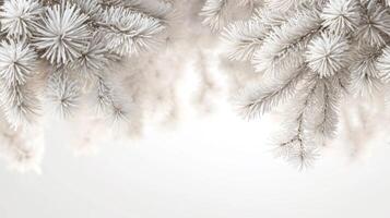 Frost-Covered Pine Branches Against a White Background photo