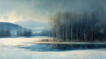 A Tranquil Winter Scene with a Frozen Lake and a Distant Mountain Range photo