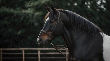 Black and White Fresian Horse with a Leather Bridle in a Green Meadow photo