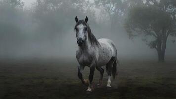 Grey Andalusian Horse Running Through Mist photo