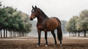 Bay Horse Standing Alone in a Field with Trees on the Edge of the Field photo