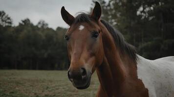 Brown and White Horse Portrait in a Field with Trees in Background photo