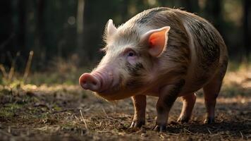 A Wild Piglet Foraging in a Forest Setting photo