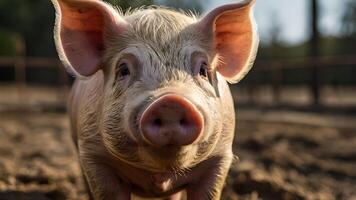 Close Up Portrait of a Piglet with Curious Expression in a Farm Setting photo