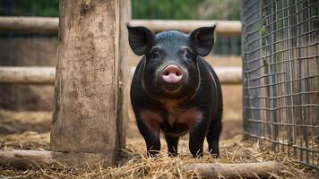 Black Piglet In Zoo Enclosure photo