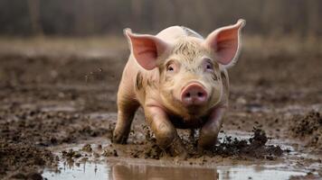 Piglet Joyfully Playing In Muddy Terrain photo