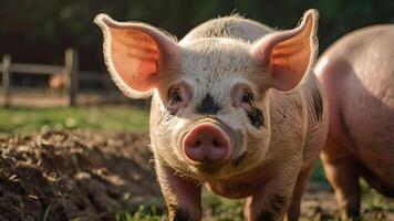 Adorable Pink Piglet with Black Spots Looking Directly at the Camera in a Farm Setting photo