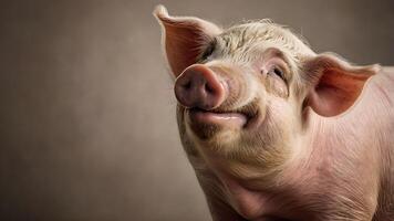 Portrait of a Happy Pig with Closed Eyes Smiling on a Neutral Background photo