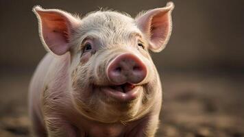 Happy Piglet Portrait with Closed Eyes on a Neutral Background photo