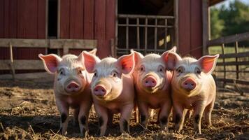 Four Adorable Piglets Pose for a Photo on a Farm