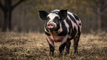 Black and White Pig Standing in a Field photo