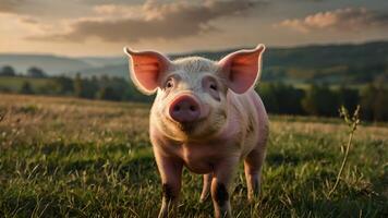 Happy Piglet Standing on a Meadow with Sunset in the Background photo