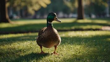 Duck Standing On Grass In A Park With Blurred Background photo