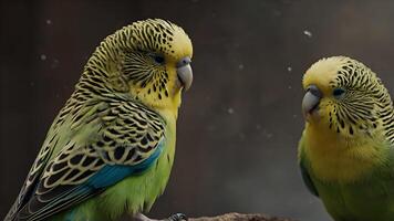 Two Budgerigars Perched on a Branch, One Looking Directly at the Camera, the Other Looking Away, with a Soft Focus Background of Snow Falling photo