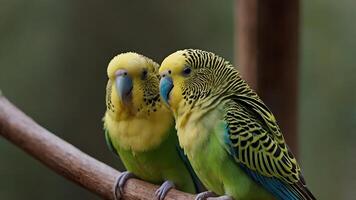 Two Budgerigars Perched on a Branch, Close up View photo