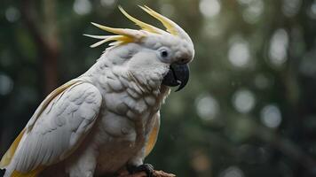 White Cockatoo with Yellow Crest Perched on a Branch in a Forest Setting photo