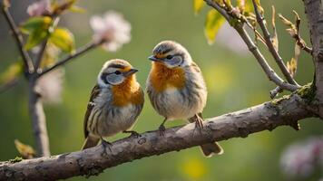 Two Small Birds Chirping on a Branch in a Spring Park photo